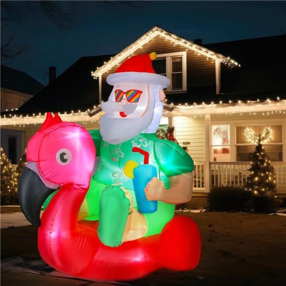 Holiday 6ft Christmas Inflatable Hawaiian Laua Santa With Flamingo